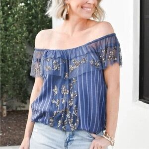 Free People Elisas Wild Moon shirt blue off shoulder tulle sequins fairycore, XL